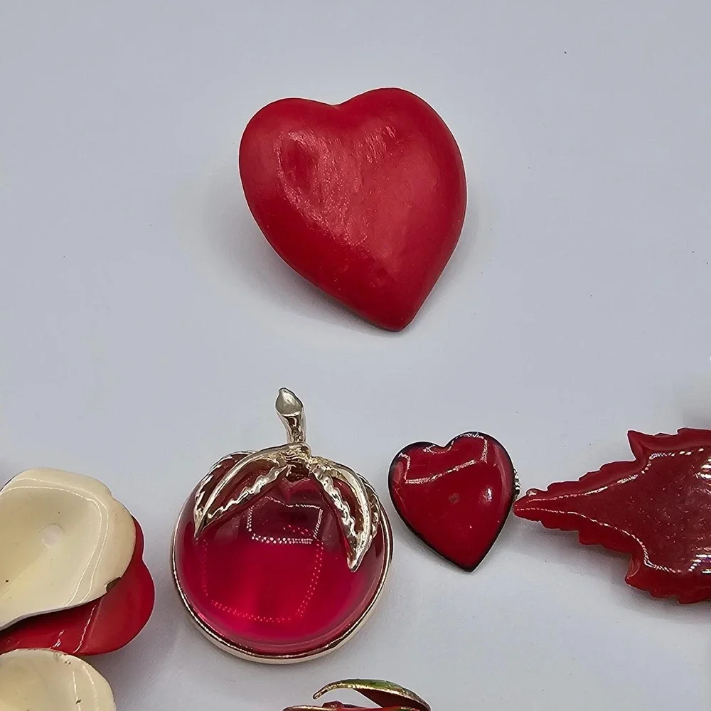 Red Brooch‎ Lot Enamel Floral Butterfly Heart Cherry Ladybug Nature